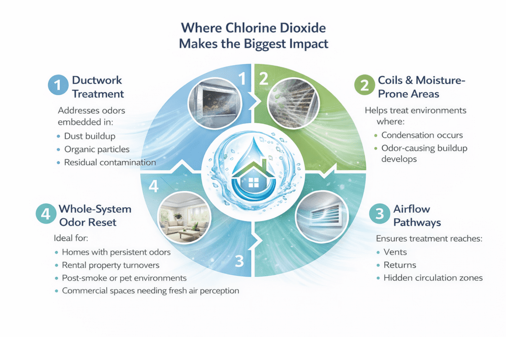 infograph showing Chlorine dioxide impact on HVAC systems