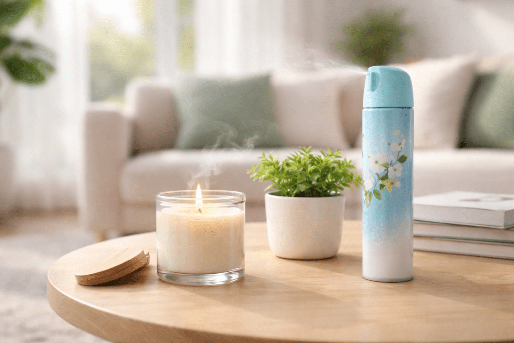 Close-up of scented candle and air freshener on coffee table showing common odor masking products in home environment