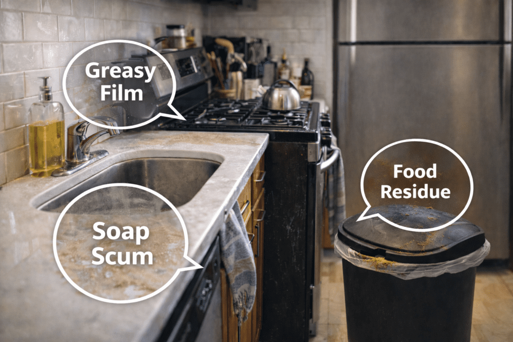 Parents and children setting the table and preparing dinner in a tidy kitchen.
