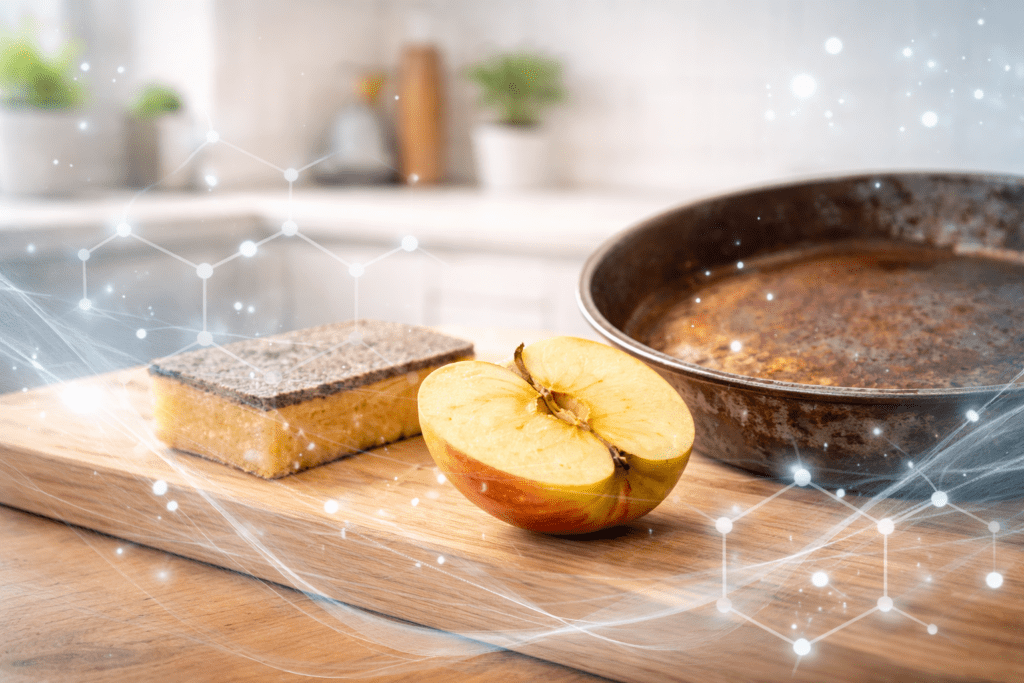 Everyday kitchen items showing natural oxidation with subtle scientific overlay.