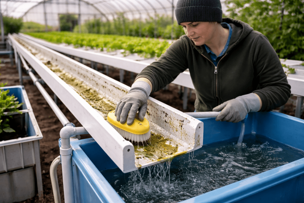 Worker physically cleaning a drained hydroponic system with a brush, removing algae and biofilm to support hydroponic sanitation, reservoir hygiene, and mold pressure control in greenhouse production.