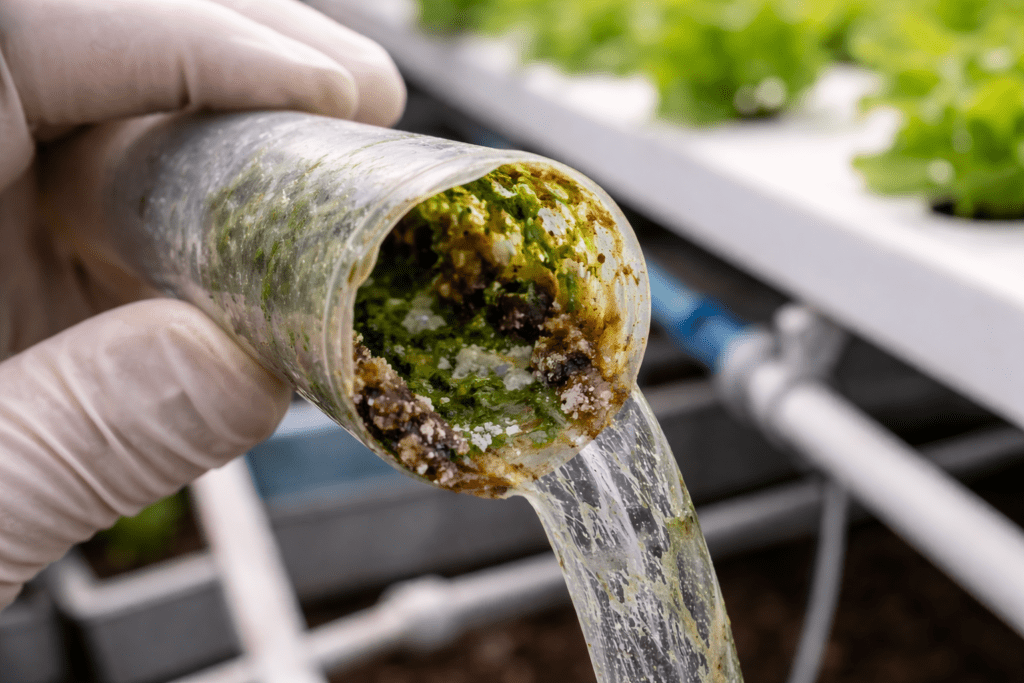 Hydroponic tubing interior showing algae growth and biofilm accumulation, highlighting irrigation line sanitation, reservoir hygiene, and mold pressure control in controlled environment agriculture.