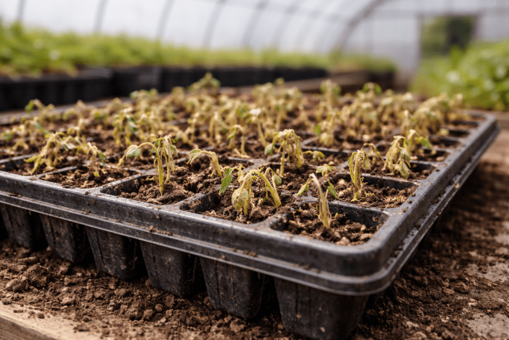 Greenhouse propagation tray with wilting, browning seedlings showing signs of damping-off and elevated mold pressure due to inadequate seed tray cleaning and sanitation.
