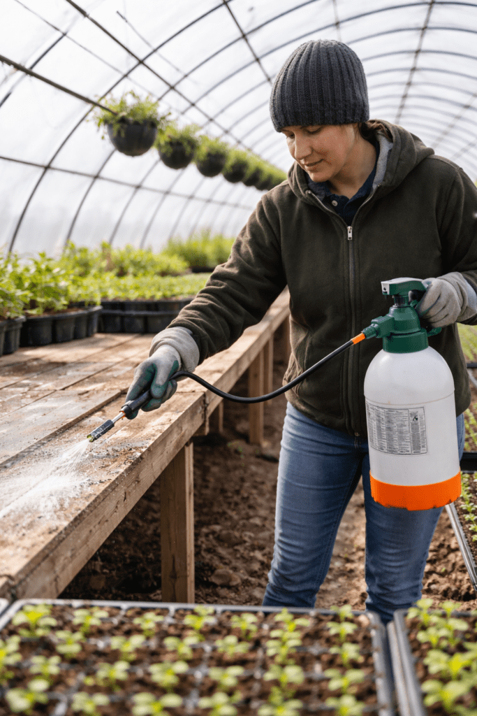 Greenhouse worker applying sanitizing solution with a pump sprayer to benches and work surfaces, supporting greenhouse sanitation and mold pressure reduction.
