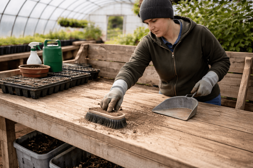 Greenhouse worker removing dirt and organic debris from a potting bench prior to greenhouse sanitation, supporting seed tray hygiene and mold pressure reduction.