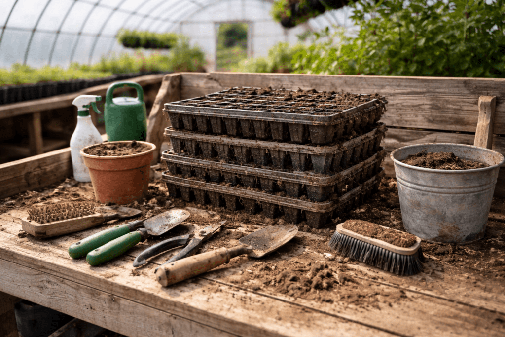Greenhouse potting bench with used propagation trays and contaminated gardening tools awaiting cleaning, highlighting greenhouse sanitation, biofilm risk, and seed tray hygiene between crop cycles.
