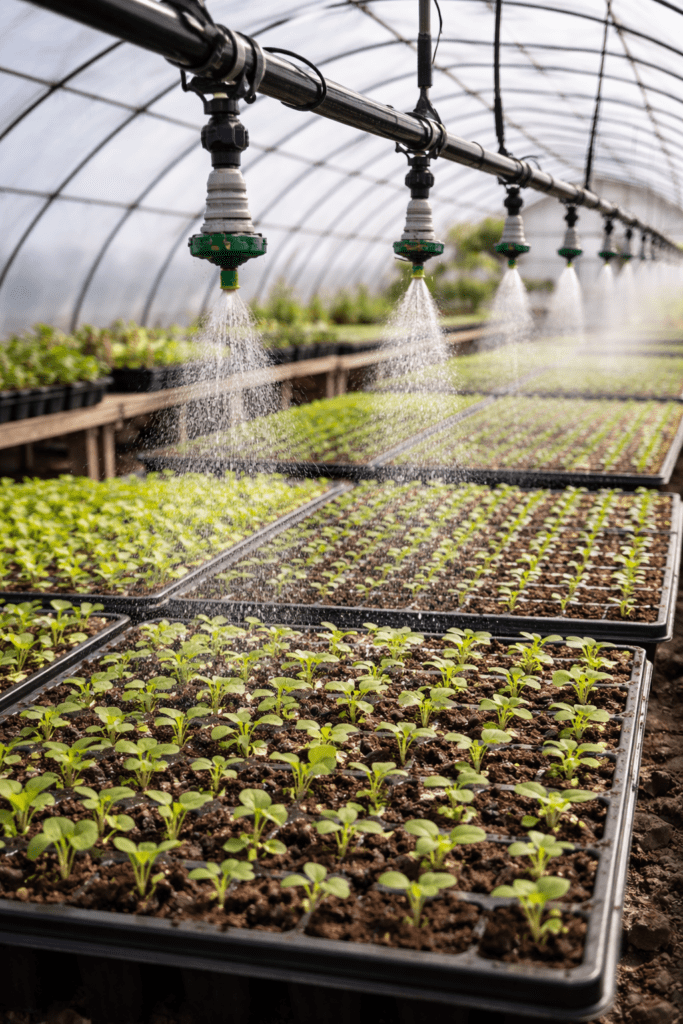 Greenhouse overhead irrigation system watering seedling trays, illustrating hydroponic system sanitation and moisture management in controlled environment agriculture.