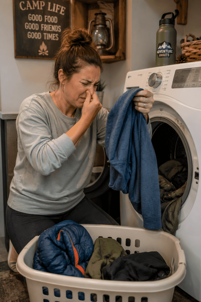 IOmage of a woman in a well lit laundry room taking laundry out of the dryer holding her nose because the laundry still smells.