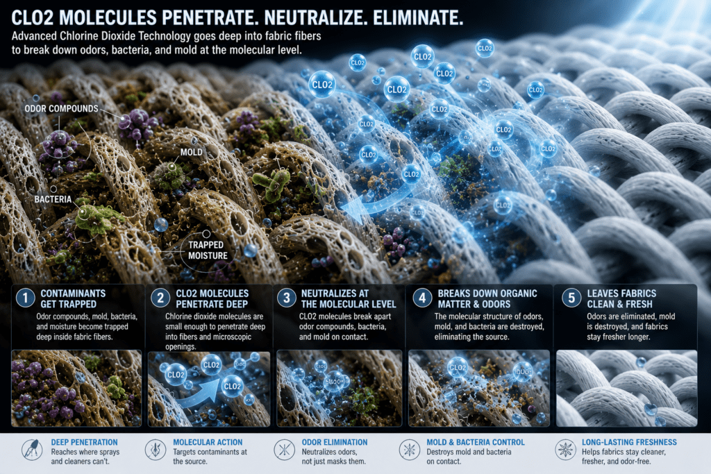 image showing clo2 and the process of how it breaks down the debris on a molecular level