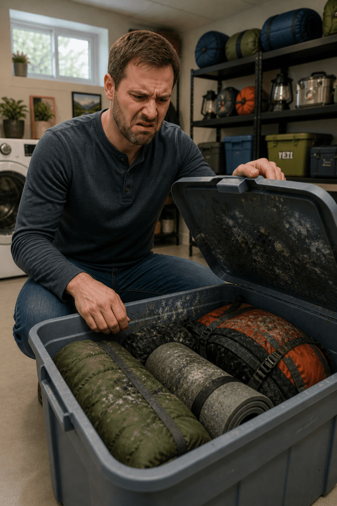 Man opening a storage tote of camping gear and reacting to moldy, musty equipment in a basement storage area