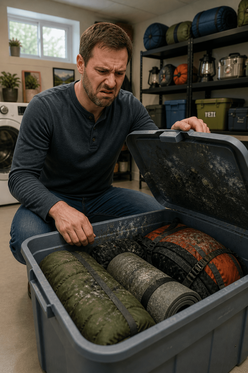 Man opening a storage tote of camping gear and reacting to moldy, musty equipment in a basement storage area