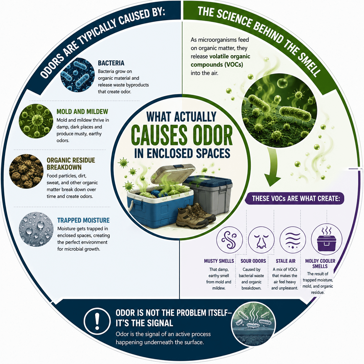 circular infograph show what actually causes odors in closed in spaces.