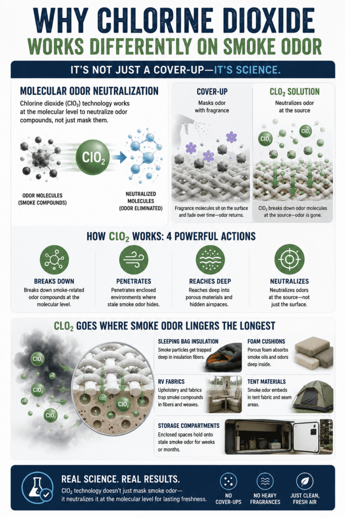 inforgraph showing how chlorine dioxide neutralizes smoke odors on a molecular level.