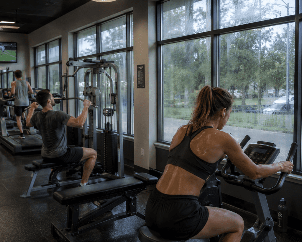 three people working out in the gym creating an environment of high humidity.