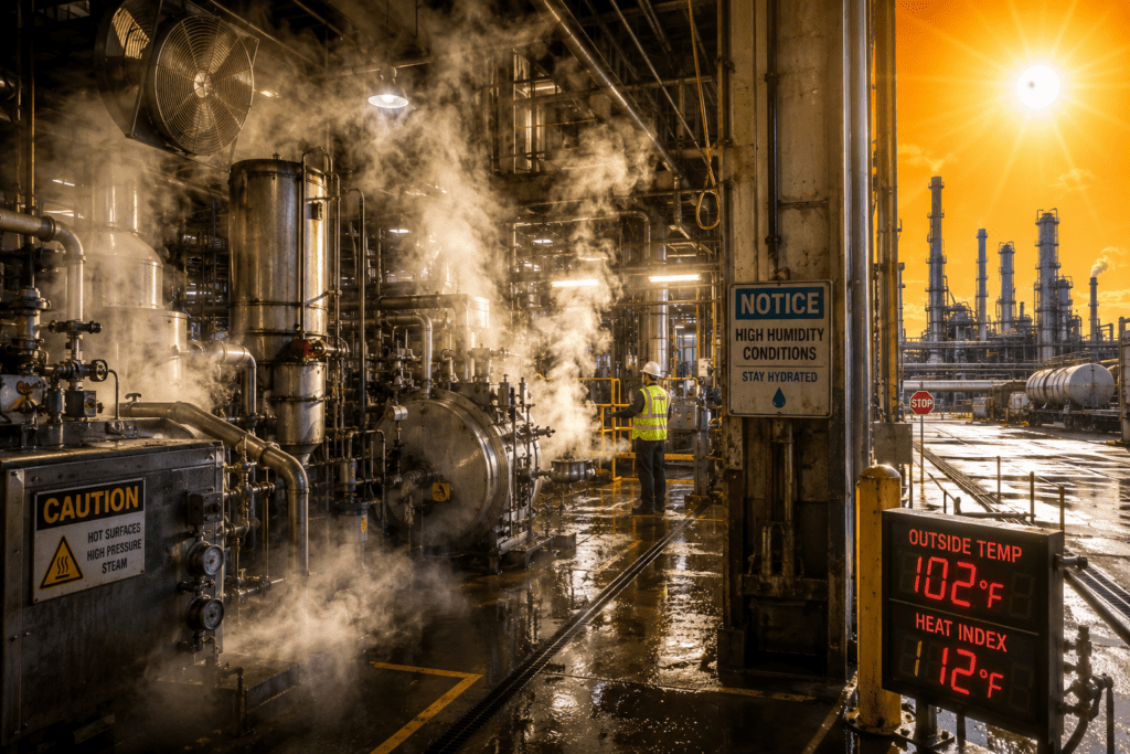 an industrial steam plant on a hot humid day