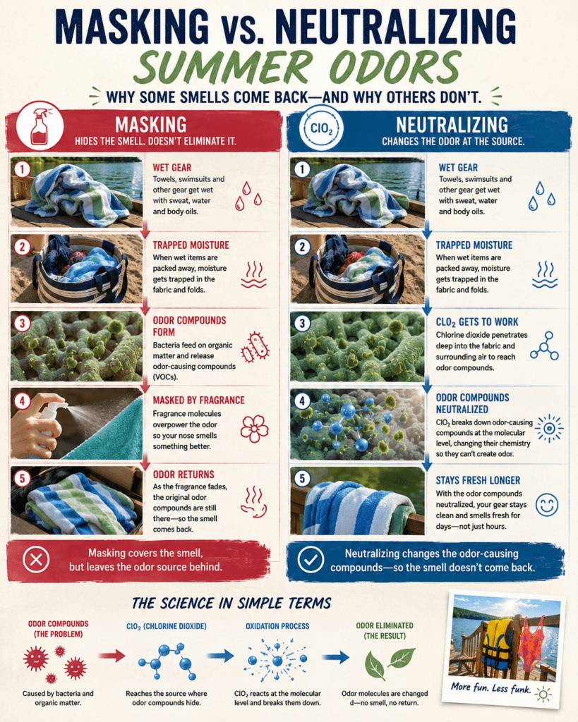 infograph showing the science of masking odors vs actually removing odors on a molecular level.