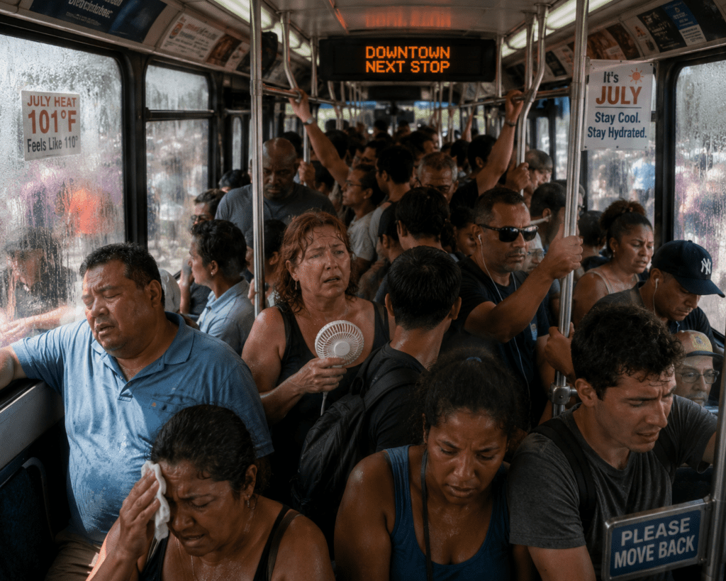 over crowded public transportation bus on a hot day without any AC