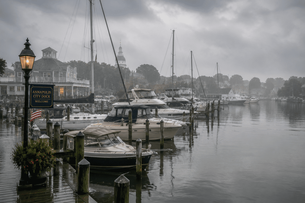 a marina in the fog after a rain storm