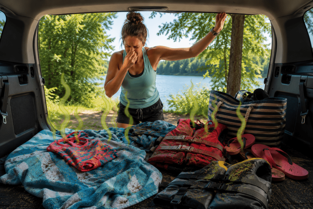 woman opens the back of the SUV to find sour summer gear in the back after a lake trip and forgotten towels and swimware
