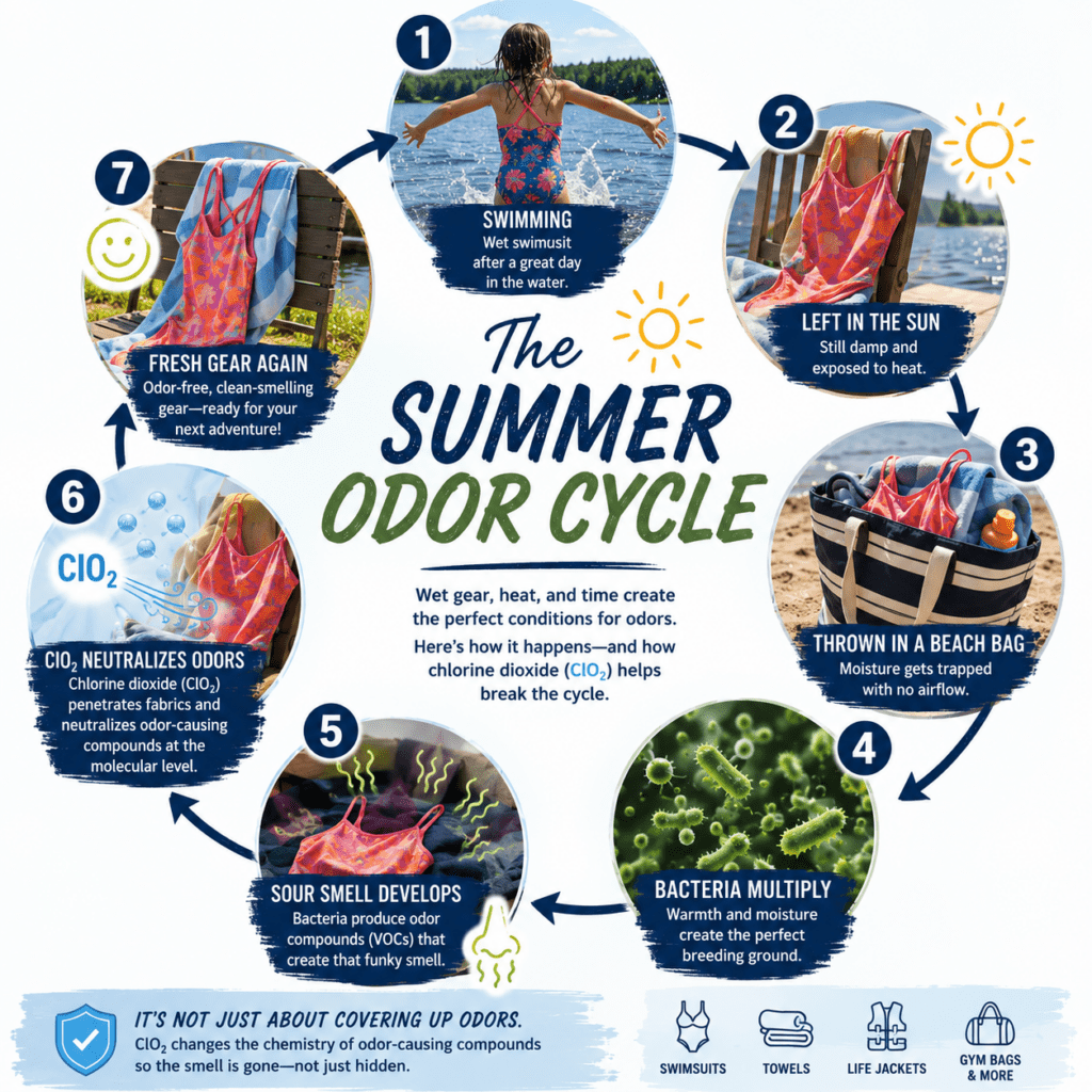 circular infograph showing the summer odor cycle with clo2.