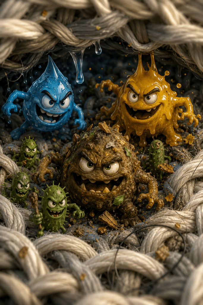 image of monsters depicting seat, body oil, bacteria and debris in fabric fibers that cause odors. 