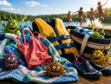 A PILE OF WET SUMMER CLOTHES WITH BACTERIA, SWEAT AND DEBRIS MOVING IN TO CAUSE ODOR.