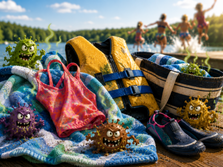 A PILE OF WET SUMMER CLOTHES WITH BACTERIA, SWEAT AND DEBRIS MOVING IN TO CAUSE ODOR.