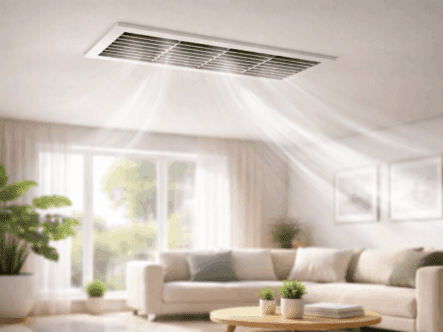 Clean indoor air flowing from HVAC vent representing improved air quality using chlorine dioxide treatment