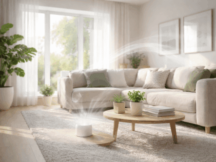 Clean indoor home environment representing improved air quality and odor elimination using chlorine dioxide tablets