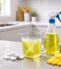 Image of a clean kitchen with different ppms mixed in different levels of water.