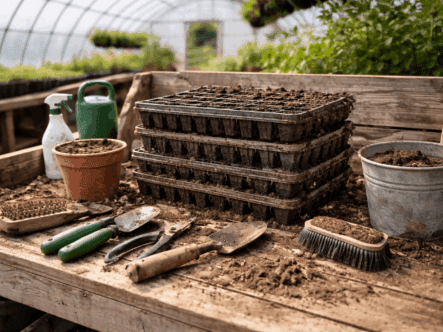 Greenhouse potting bench with used propagation trays and contaminated gardening tools awaiting cleaning, highlighting greenhouse sanitation, biofilm risk, and seed tray hygiene between crop cycles.