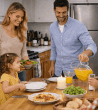 Parents and children setting the table and preparing dinner in a tidy kitchen.