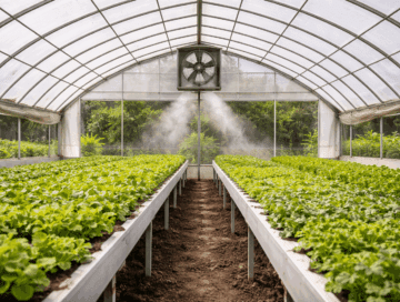 Commercial greenhouse with sidewall vents and overhead ventilation fan removing heat and humidity, illustrating greenhouse airflow management and mold prevention strategies.