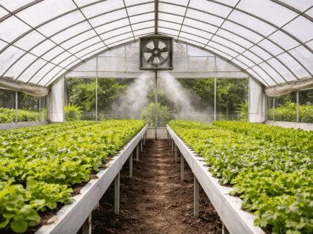 Commercial greenhouse with sidewall vents and overhead ventilation fan removing heat and humidity, illustrating greenhouse airflow management and mold prevention strategies.